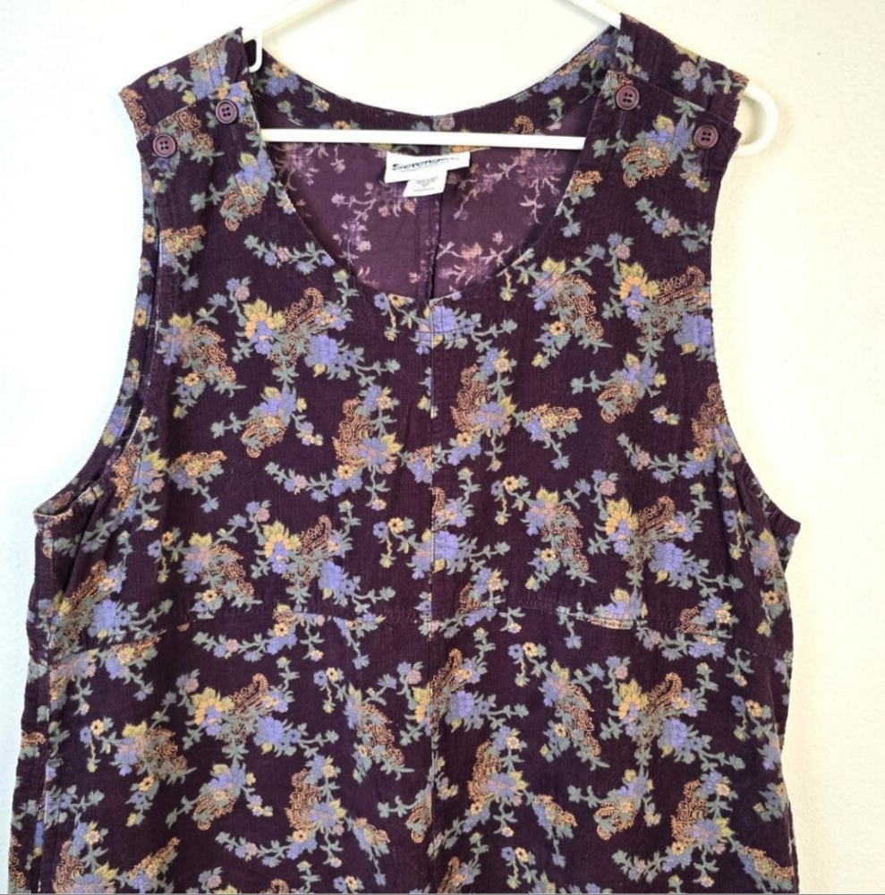 Serengeti Corduroy Dress Women's L Purple Multi Floral Casual Vintage